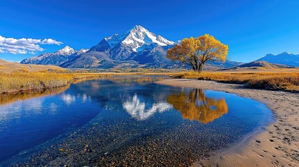 Fototapeta premium Autumnal Reflection Snow-capped peak mirrored in calm lake, golden tree foreground