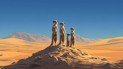 Fototapeta premium of meerkats stands upright on a small mound in the African desert, their tiny bodies perfectly aligned as they scan the horizon. Their expressions are full of curiosity and alertness, while 