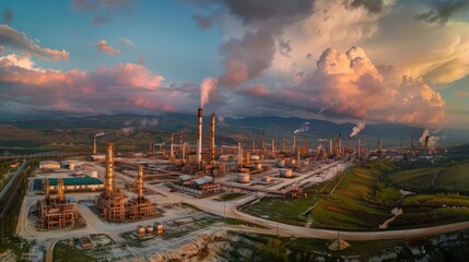 Obraz premium Aerial view of an industrial oil refinery at sunset with smokestacks and mountains in the background