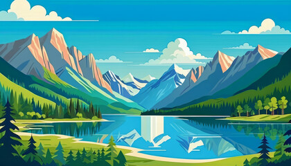 Scenic mountain lake landscape in vibrant illustration style