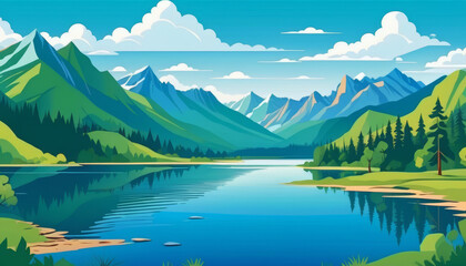 Fototapeta premium Scenic mountain lake landscape in vibrant illustration style