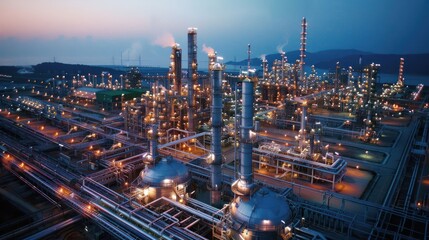 Fototapeta premium Industrial complex at dusk with illuminated structures and smoke rising in the background