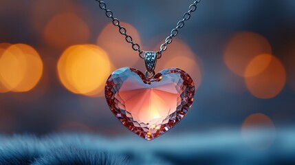 Heart Crystal Necklace: A heart-shaped crystal pendant necklace shimmers with an inner light, set against a softly blurred background of warm, golden bokeh.  The image evokes feelings of love, warmth.