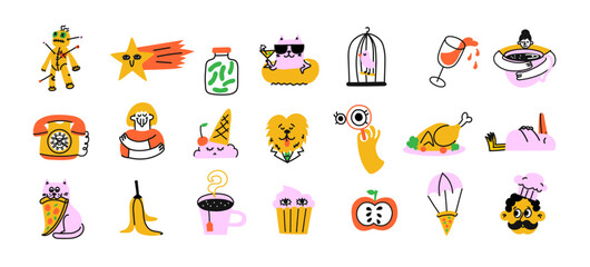 Groovy hipster 90s style stickers. Collection of trendy retro doodle illustrations for the patches, stickers, labels, tags, stamps.