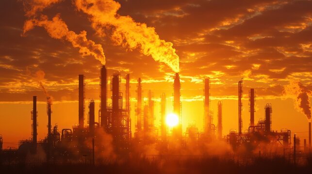 Industrial skyline at sunset with smoke stacks silhouetted against a vibrant sky