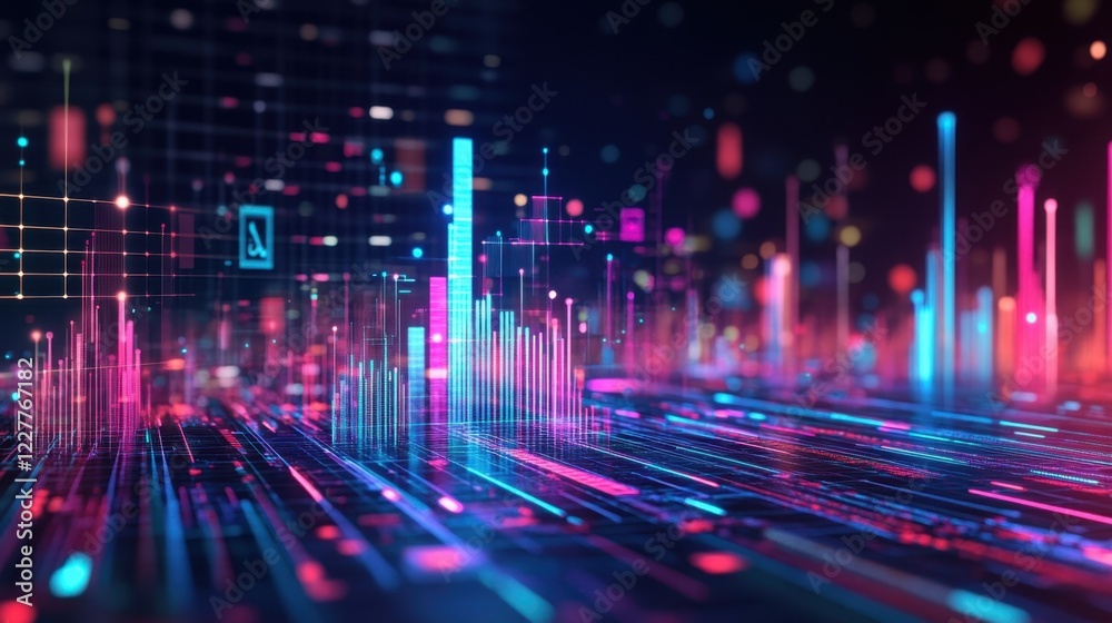 Poster colorful glowing lines and charts represent data flow in a futuristic cyberspace environment, creati