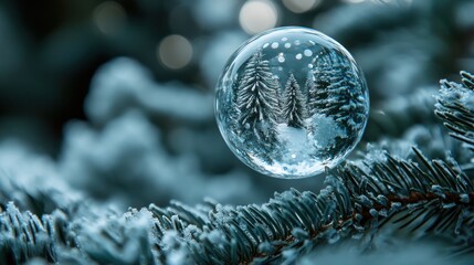 Snowy forest scene inside a glass bubble on pine