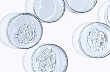 Skin serum or face wash gel in a Petri dish. For cosmetic procedures. White background
