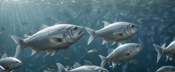 Fototapeta premium Silver scardinius fish tightly packed, sunlit lake surface, wildlife, wild, numerous