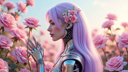 Naklejka premium Beautiful female robot with long lavender hair and shiny silver metal frame stands elegantly amidst a backdrop of soft bright vibrant pink roses