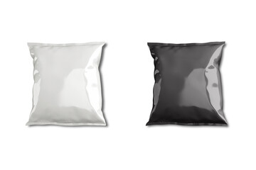 Empty black and white snack bag, crunchy chips foil bag mockup isolated on white background.3d rendering.