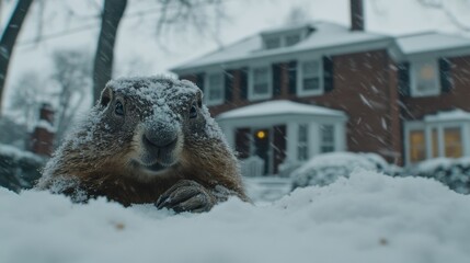 Obraz premium A snow-covered groundhog peeks out from the snow during a winter storm, with a house in the background.