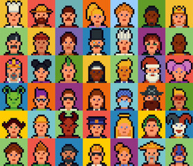 Obraz premium Pixel art characters set of the 8-bit avatar, funny faces in 80-s, NFT. Cartoon vector icon, game user, web profile persons, people, social net portraits