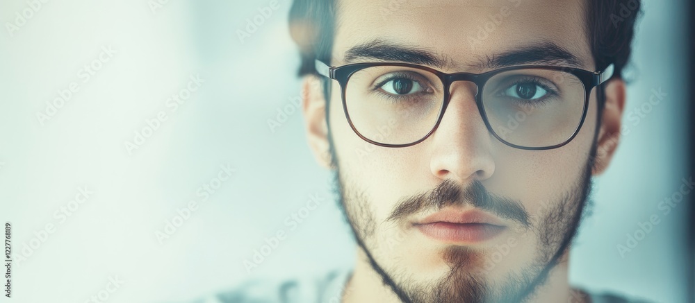 Poster male programmer concentrating behind glass screen with blurred background and empty space for text o