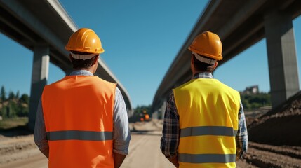 Construction workers observing the ongoing infrastructure development under clear blue sky