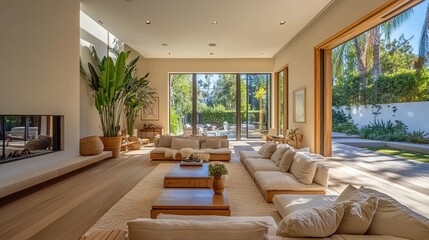 Luxurious living room, sunny California home, pool view, real estate
