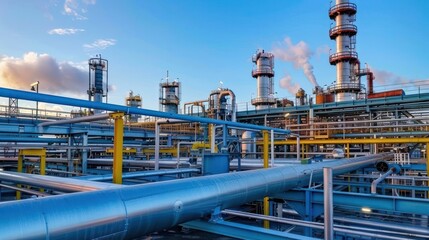 Industrial facility with pipelines and towers under a blue sky at sunset, showcasing energy production