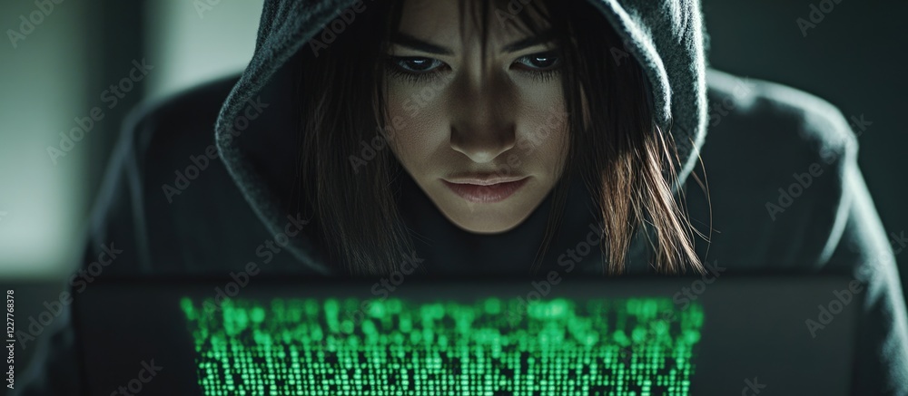 Fototapete female hacker in hoodie intensely working on laptop displaying green code with dark background and e