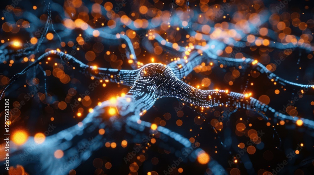 Poster abstract representation of neural connections with glowing nodes and a dark background