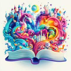 Obraz premium vibrant illustration of magical book bursting with colorful scenes, featuring castles, unicorns, and whimsical creatures, evoking sense of wonder and imagination