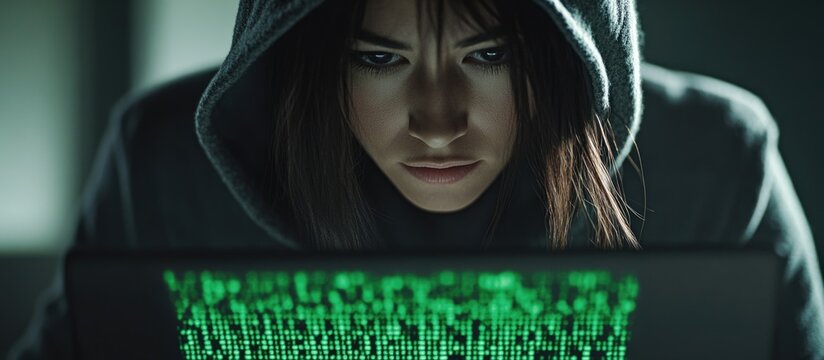 Female hacker in hoodie intensely working on laptop displaying green code with dark background and empty space for text or graphics