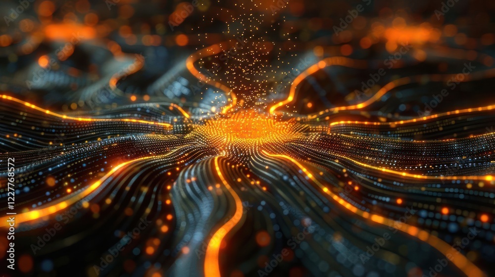 Poster abstract representation of glowing data flow and energy patterns in a digital landscape