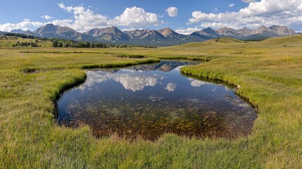 Fototapeta premium Mountain reflection in tranquil pond, grassland, scenic view, summer landscape, nature background