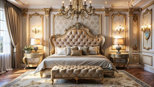 High-end bedroom with plush bedding and elegant headboard, featuring a luxurious king-size bed adorned with intricate carvings and soft golden accents, high-end decor, upscale furniture