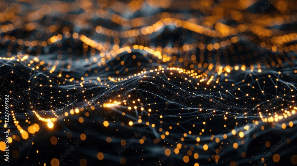 Poster abstract representation of interconnected glowing particles forming a wave-like structure