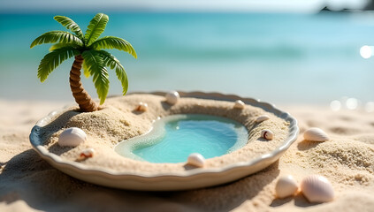 Obraz premium Serene beach scene on a plate with fine sand, tiny seashells, and a miniature palm tree.
