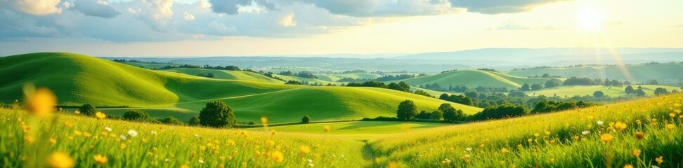 Obraz premium Serene landscape of rolling hills and vast meadows, vast, peaceful