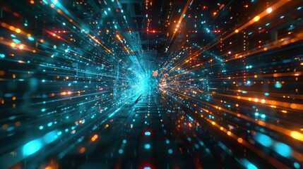 Fototapeta premium Futuristic digital tunnel with vibrant blue and orange light streaks representing data flow