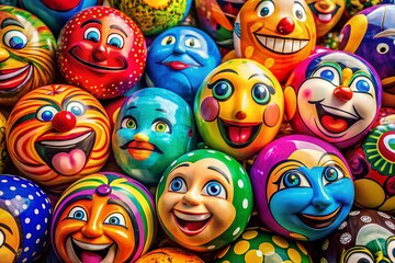 Colorful Cartoon Faces: Expressive Glossy Sphere Emotions Stock Photo