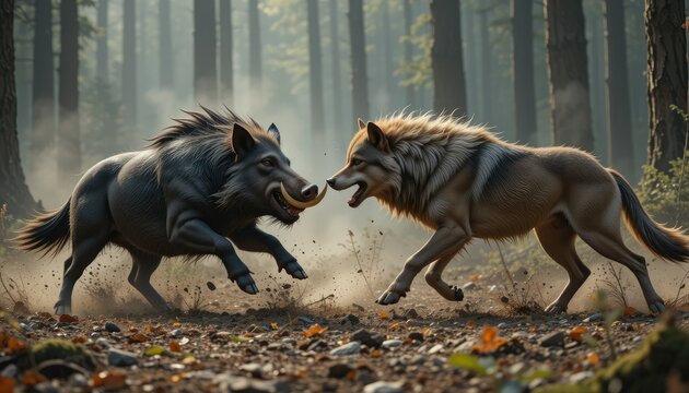 Describe an intense fight between a wild boar and a large wolf in a forest clearing, the boar using its tusks and the wolf relying on speed and strategy to protect their territory