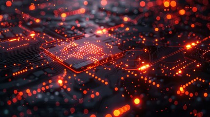 Fototapeta premium Abstract close-up of a glowing circuit board with red lights, showcasing technology in action
