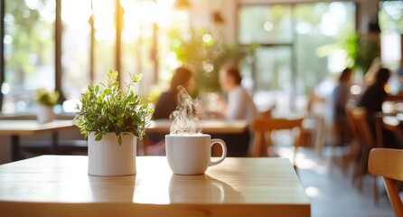 Cozy cafe interior with steaming cup of coffee and green plant surrounded by warm morning light