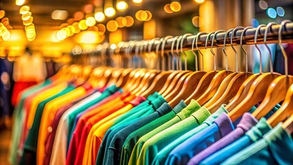 Fototapeta premium Colorful Clothes on Hangers, Bokeh Retail Display, Fashion Apparel, Clothing Rack, Shop Window