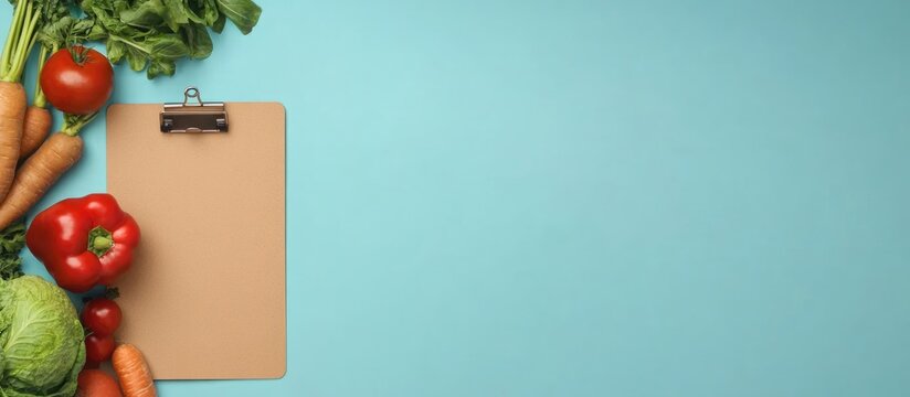 Clipboard with blank food menu and fresh raw vegetables on vibrant blue background ideal for recipes and culinary presentations