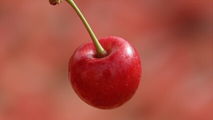Fresh red cherry with stem sparkling in soft light