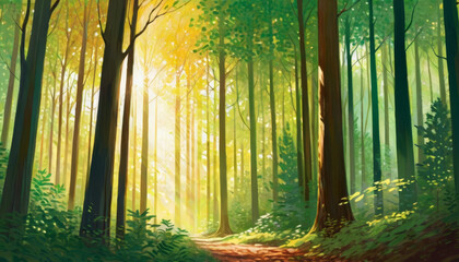 Sunlit forest path with lush green trees