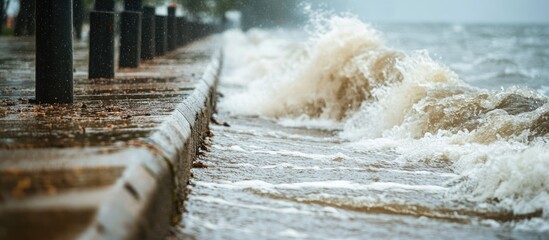 Extreme tides flooding coastal areas with crashing waves and empty space for text on a stormy day at the shoreline