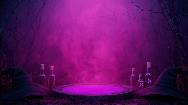 A mystical scene featuring a purple foggy background, a circular platform, and potion bottles, evoking a magical or witchcraft theme.