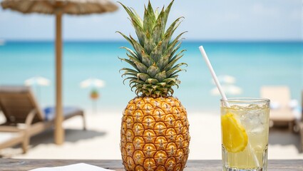 Tropical golden pineapple on beach table with drink