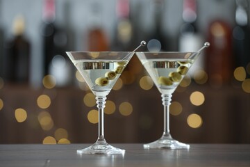 Martini cocktail with olives in glasses on wooden table against blurred background. Bokeh effect
