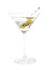 Martini cocktail with olives in glass isolated on white