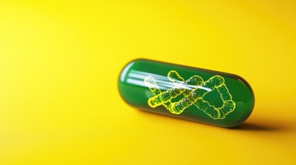 Green genetic capsule with molecular design on bright yellow background ideal for healthcare or biotechnology themes with copy space for text.