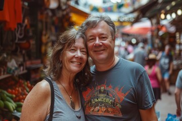 Naklejka premium Portrait of a blissful couple in their 40s sporting a vintage band t-shirt in front of bustling urban market