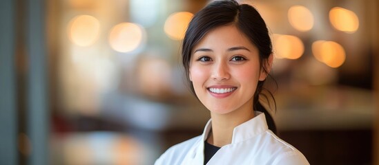Female doctor smiling in white coat with a blurred background providing ample space for text and branding opportunities