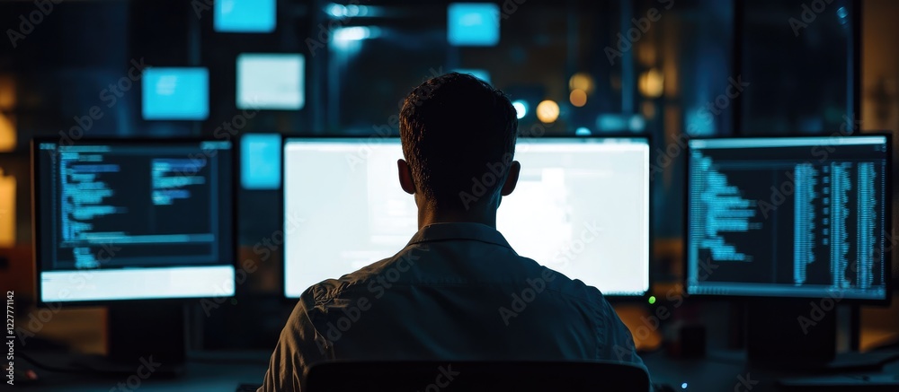 Poster dedicated it professional analyzing data at multiple screens in a modern office environment with spa