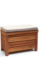 89. A wooden storage bench with a comfortable cushioned top, set against a white background